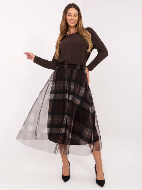 Gonna midi elegante nero-marrone a quadri