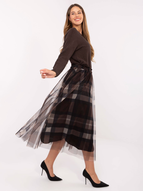 Gonna midi elegante nero-marrone a quadri