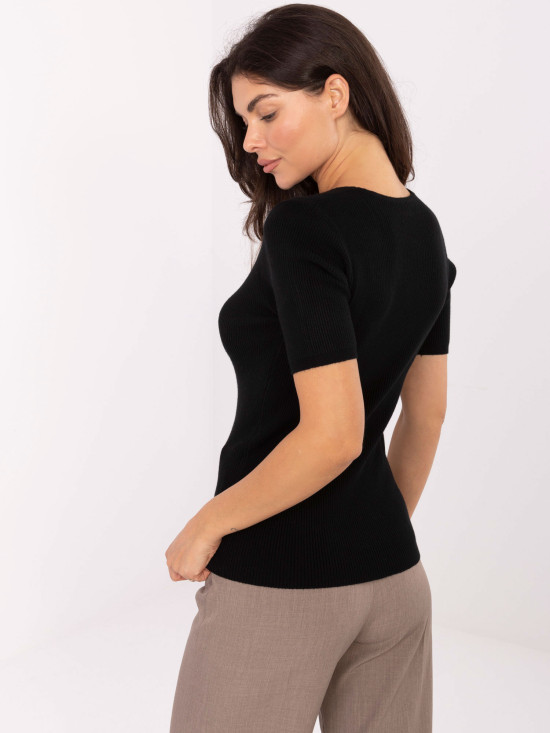 Maglione nero a costine con maniche corte e scollo a V