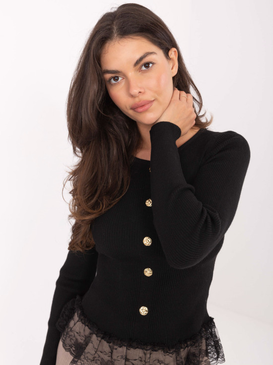 Maglione nero elegante con pizzo e bottoni