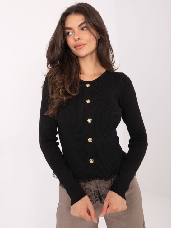 Maglione nero elegante con pizzo e bottoni
