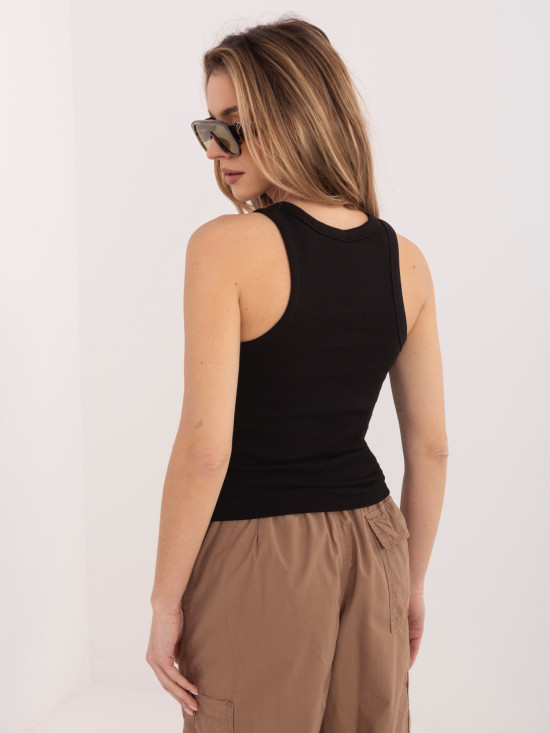 Top nero in cotone con ricamo e scritta