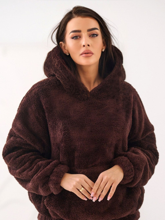 Felpa marrone scuro da donna con cappuccio e tasca