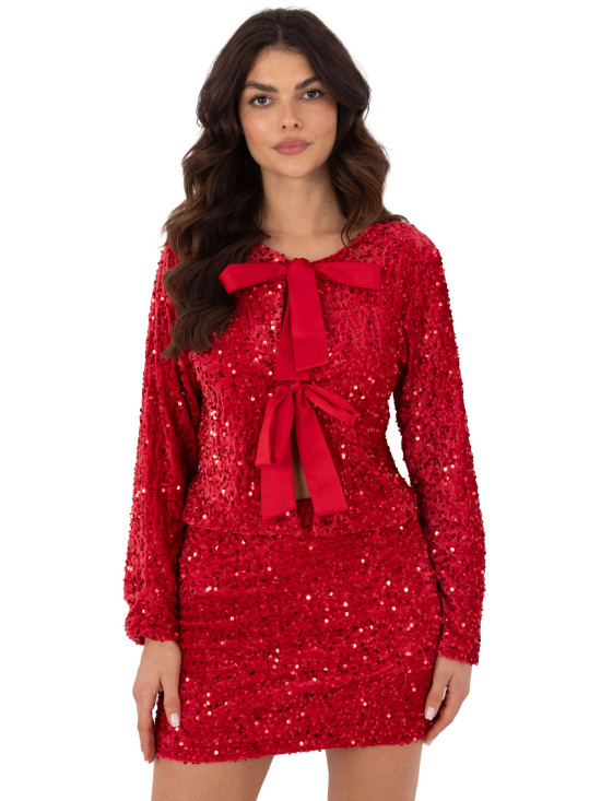 Cardigan corto elegante rosso con paillettes e fodera