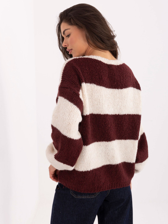 Maglione bordeaux a righe con laccetto e maniche a sbuffo