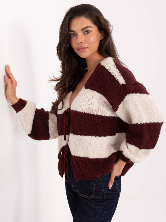 Maglione bordeaux a righe con laccetto e maniche a sbuffo