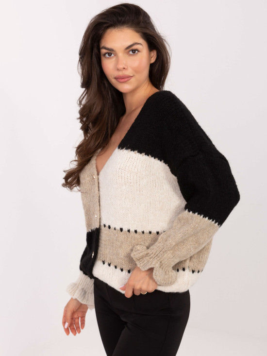Crno-bež prugasti kardigan s volanom i V-izrezom