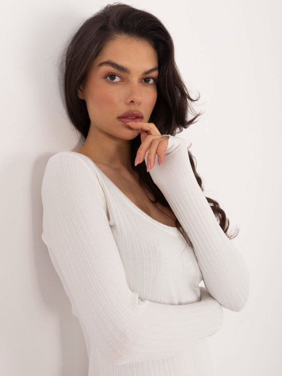 Rebrasto pamučno body s dugim rukavima u ecru boji