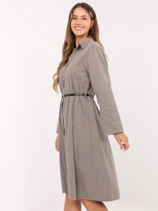 Abito camicia midi beige con cintura