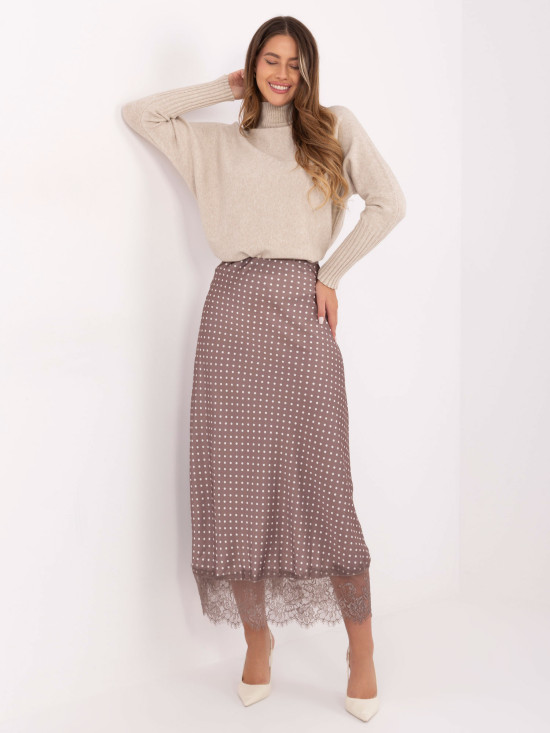 Gonna midi beige a pois con pizzo