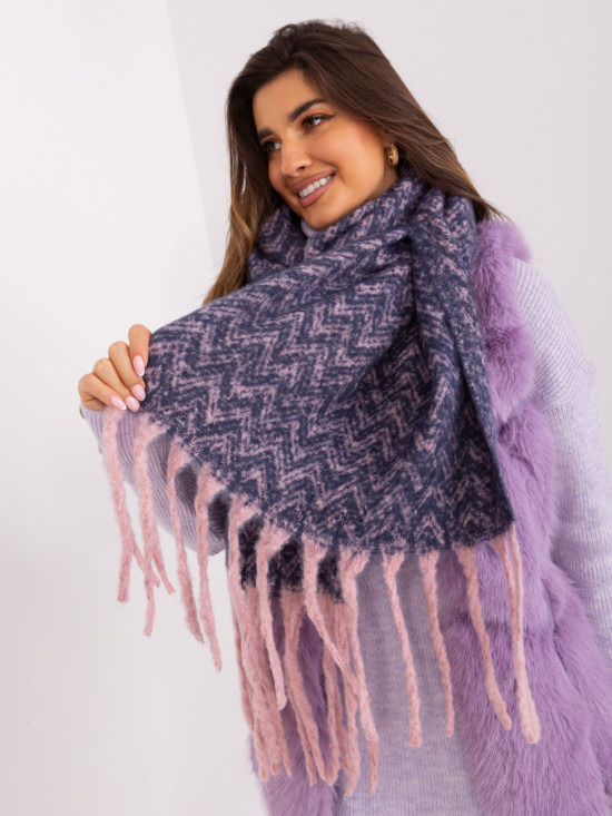 Sciarpa blu navy e rosa con frange