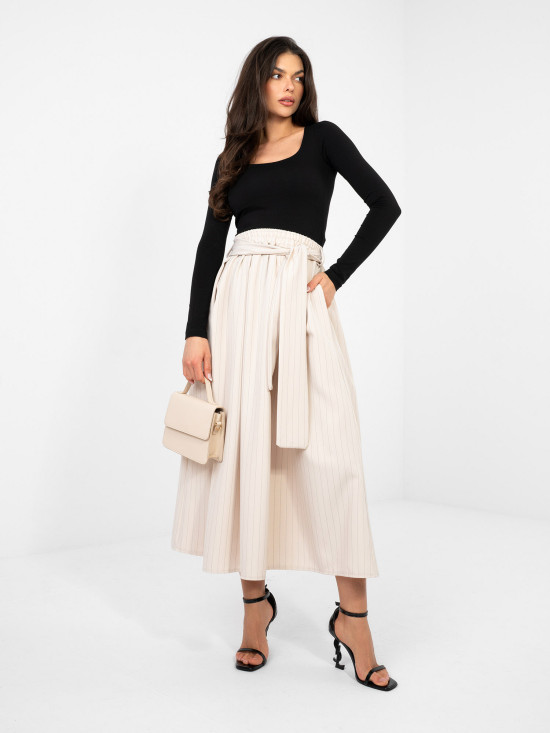 Gonna midi elegante beige a righe con cintura