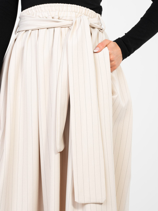 Gonna midi elegante beige a righe con cintura