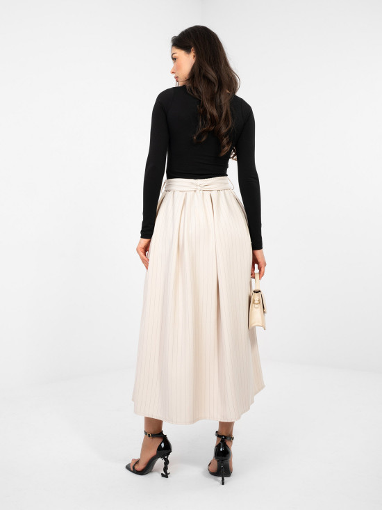 Gonna midi elegante beige a righe con cintura