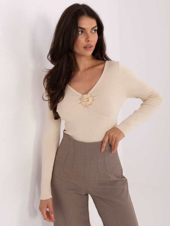 Elegante maglione beige con scollo a V