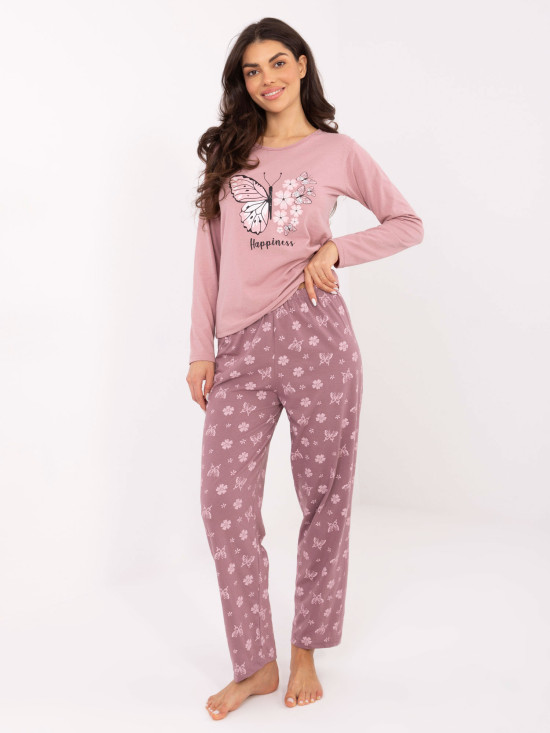 Ženska pamučna pidžama s printom, ružičasta