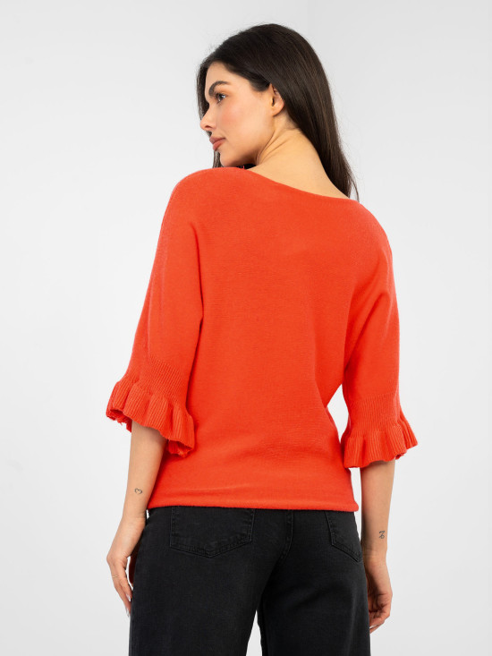 Elegante maglione corallo con volant e maniche 3/4