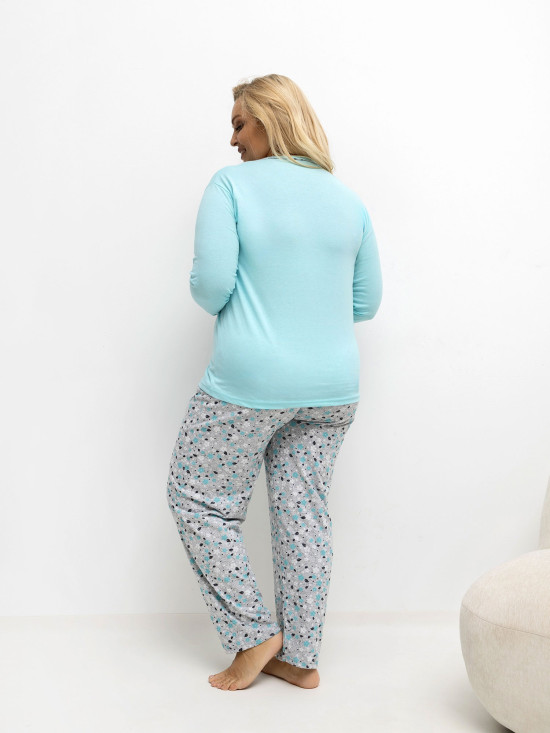 Ženska pamučna pidžama s cvjetnim uzorkom i gumbima, mentol zelena