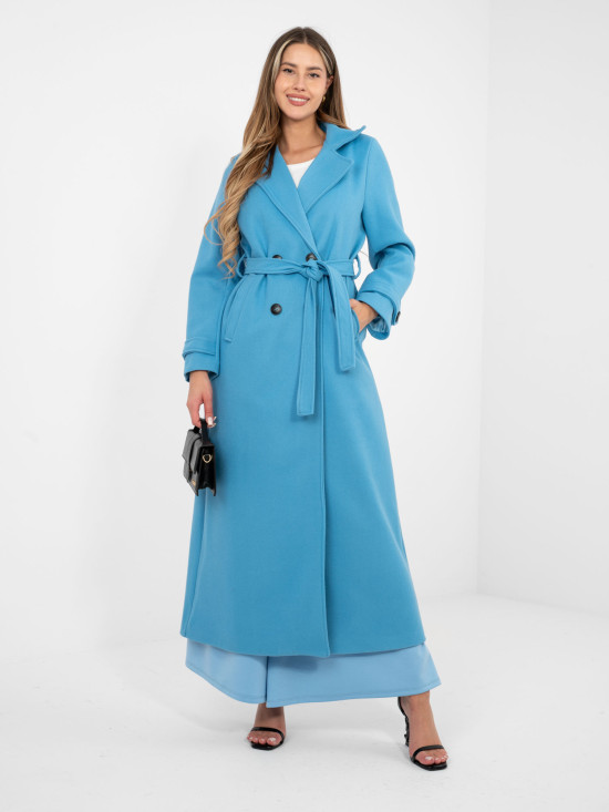 Elegante cappotto blu da mezza stagione con cintura