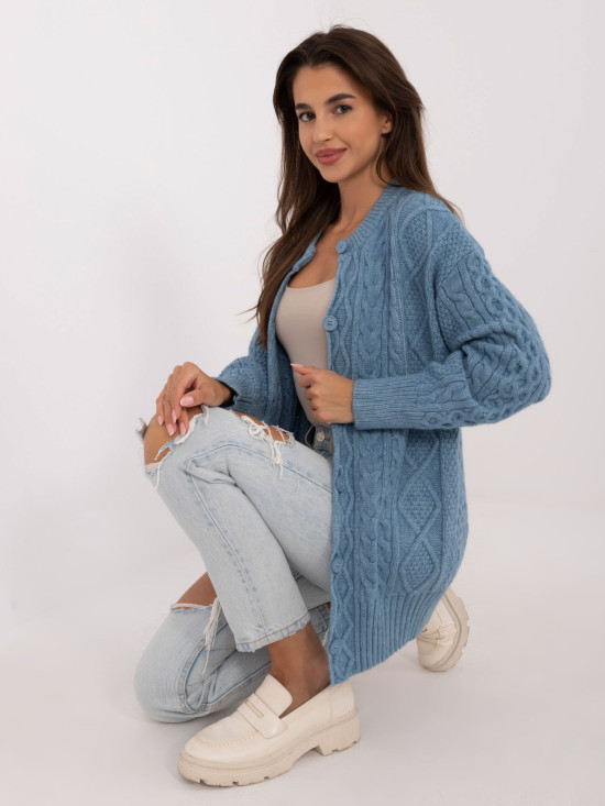 Cardigan lungo blu con bottoni e lavorazione a maglia testurizzata