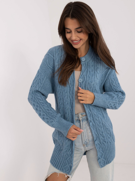 Cardigan lungo blu con bottoni e lavorazione a maglia testurizzata