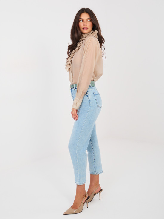 Jeans mom fit da donna con vita alta e cintura, blu