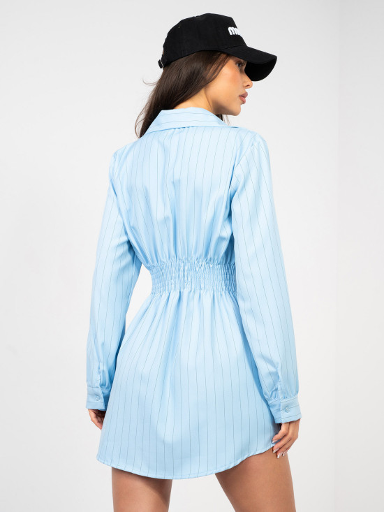 Abito chemisier mini a righe con colletto, azzurro