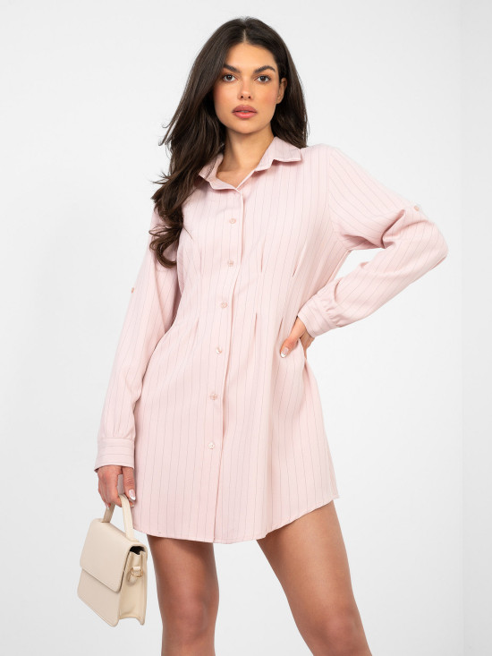 Abito camicia mini rosa a righe con bottoni