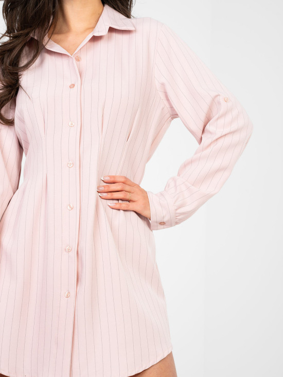 Abito camicia mini rosa a righe con bottoni