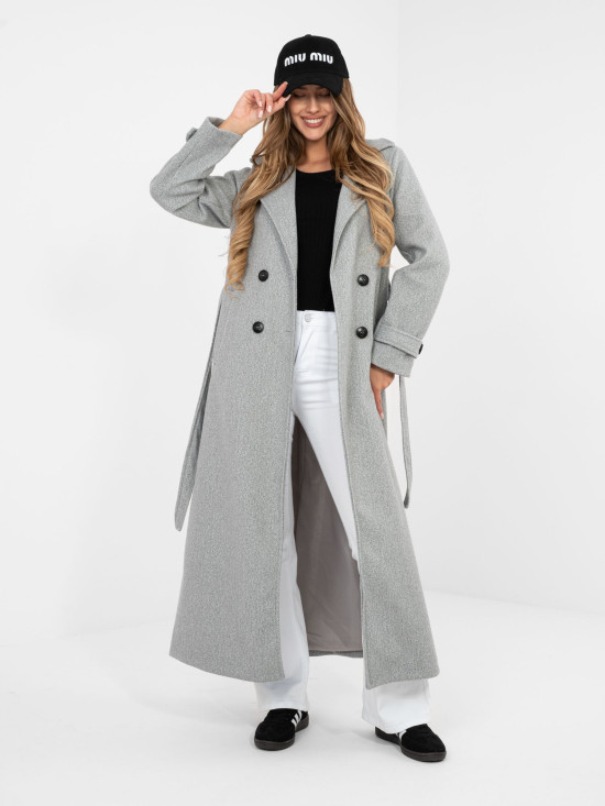 Elegante cappotto grigio da mezza stagione con cintura