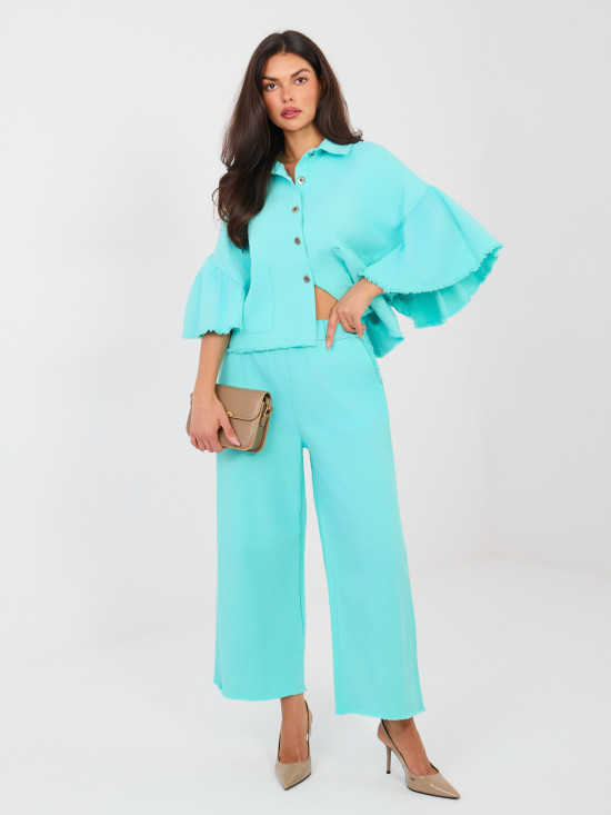 Kratka traper jakna s volanom u tirkiznoj boji