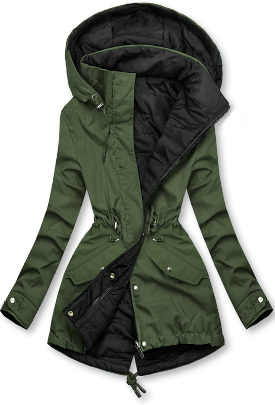 Parka doppia faccia di transizione con cappuccio kaki/nero