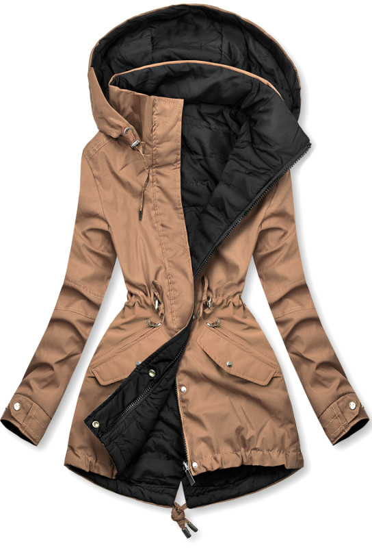 Parka doppia faccia di transizione con cappuccio marrone beige/nero