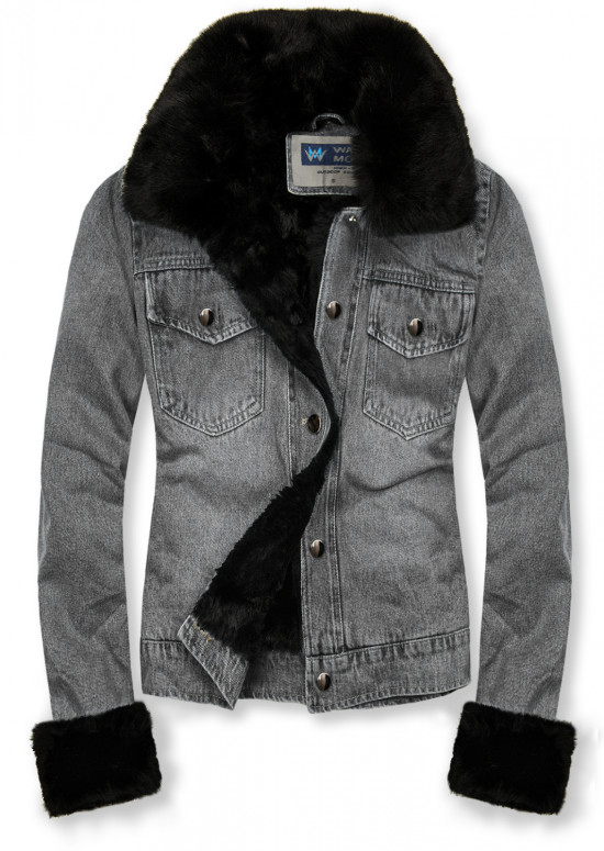 Giubbotto in denim grigio con pelliccia nera
