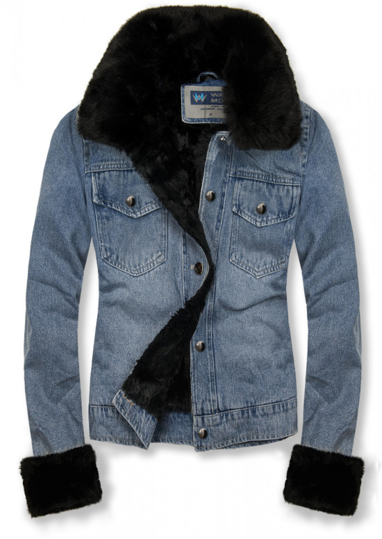 Giubbotto in denim blu con pelliccia nera