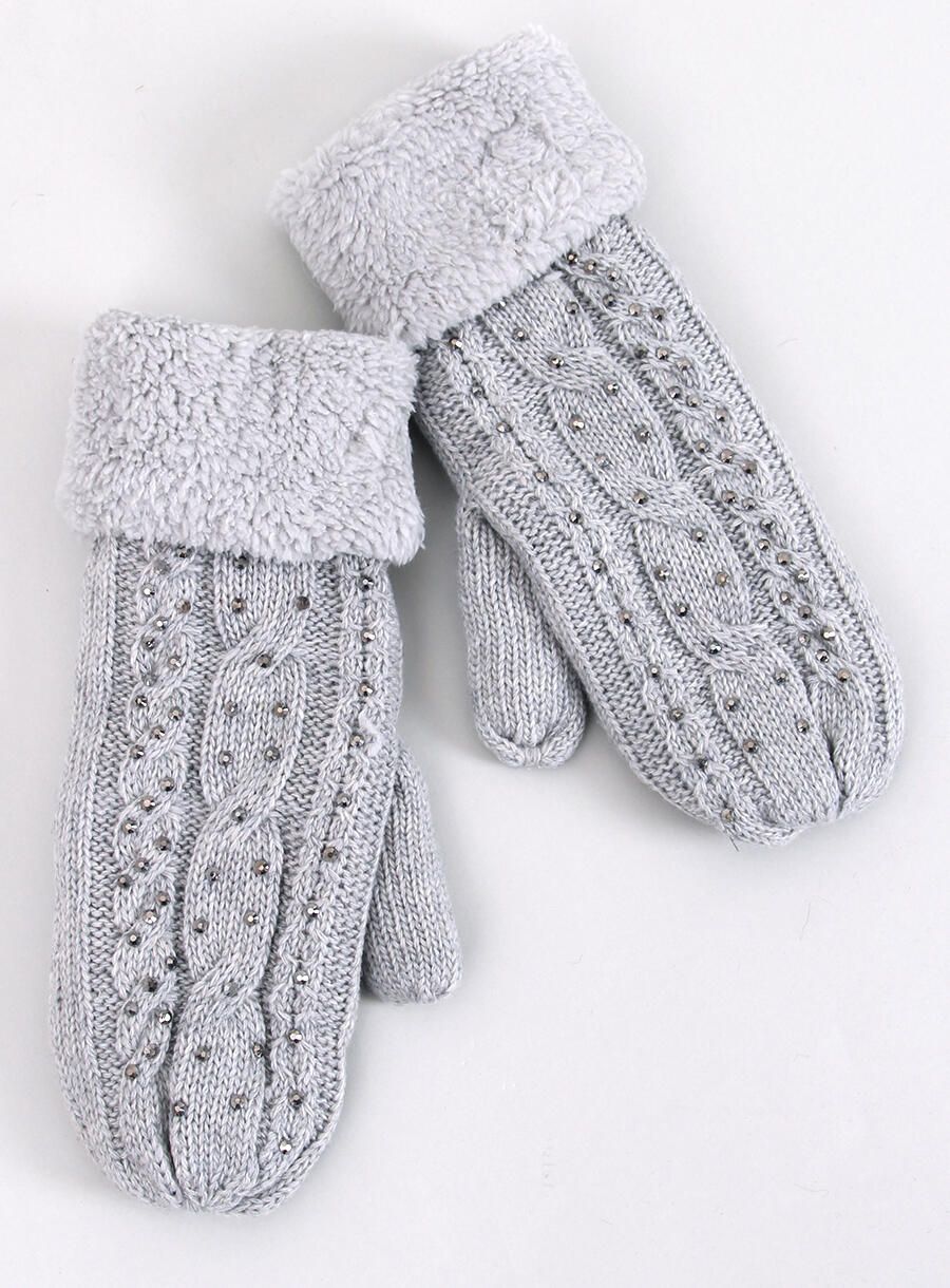 Guanti-muffole da donna decorati di colore grigio chiaro