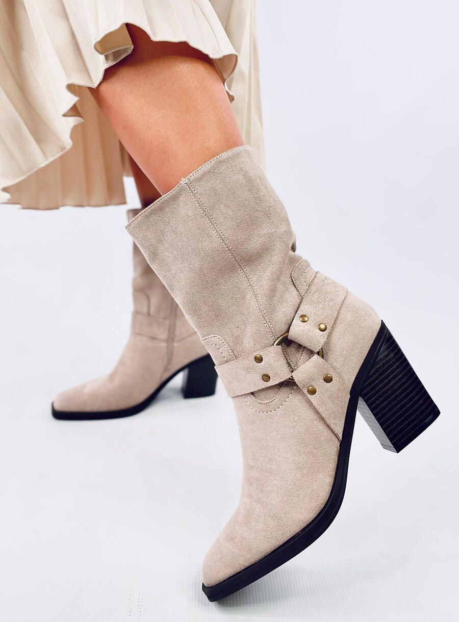 Stivali texani in camoscio con tacco beige