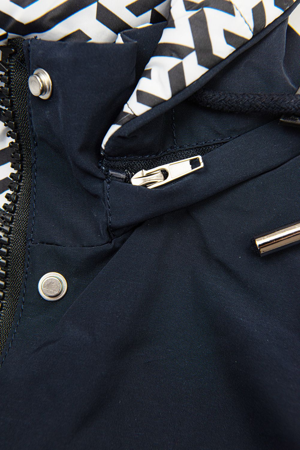 Parka di transizione doppia faccia blu scuro con fantasia