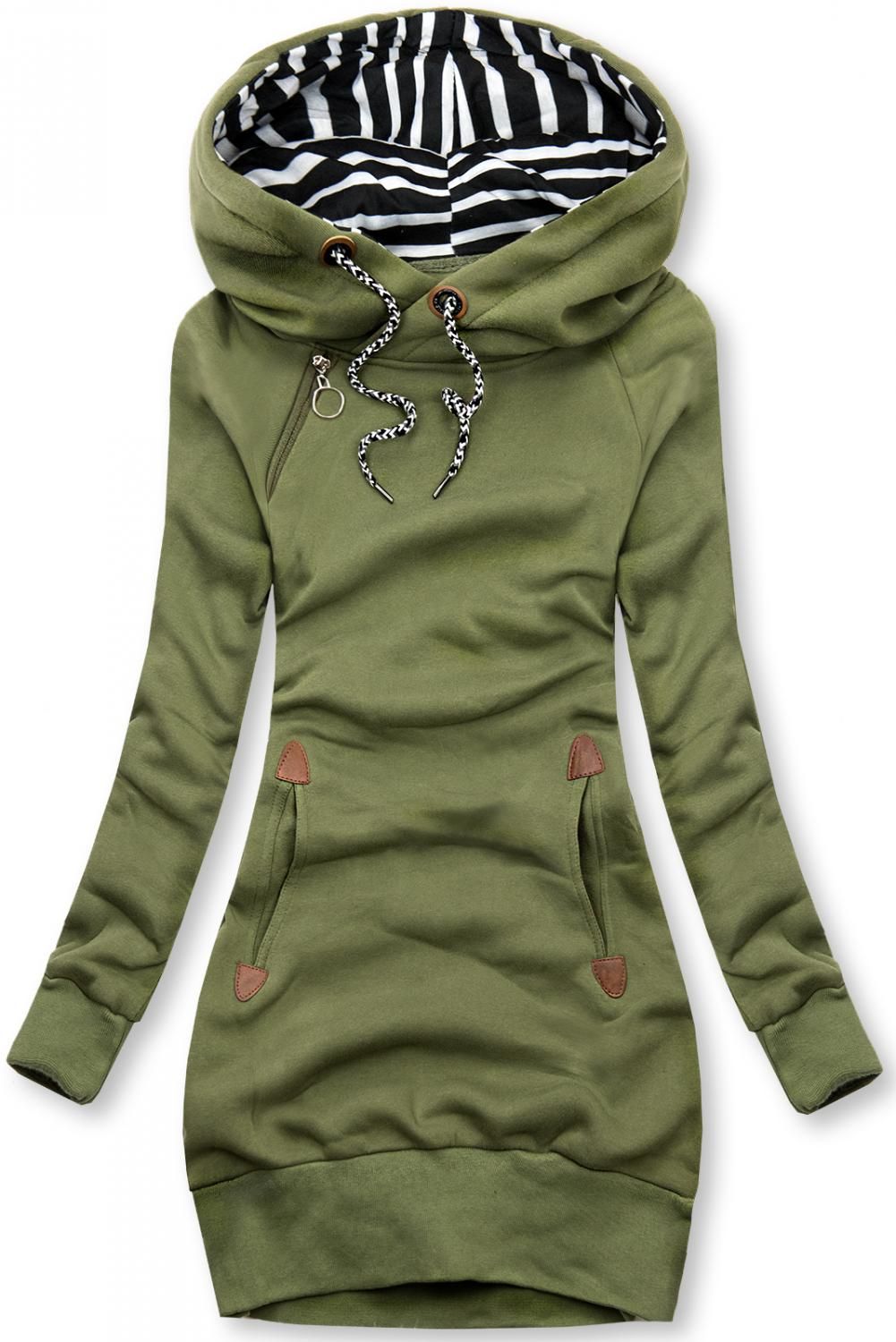 Felpa lunga verde kaki con cappuccio