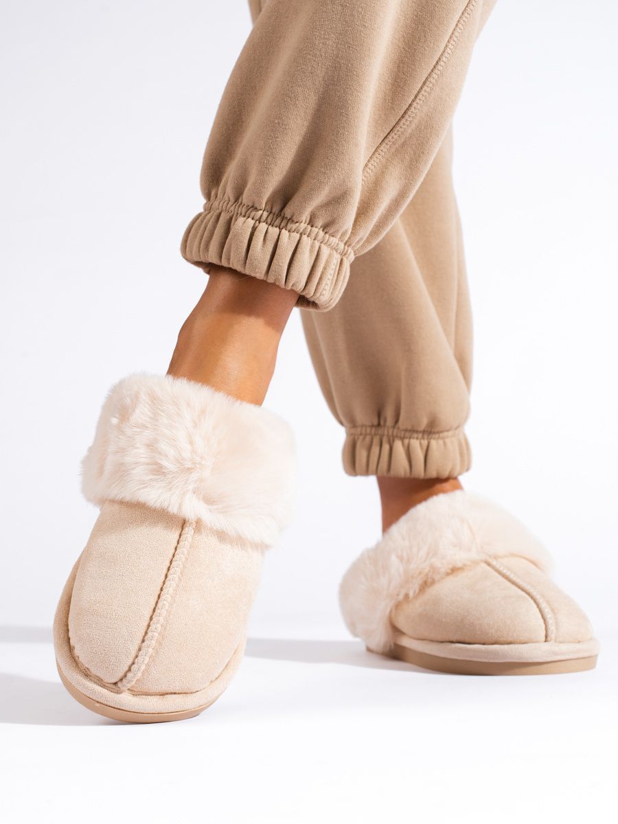 Pantofole da donna panna con pelliccia artificiale
