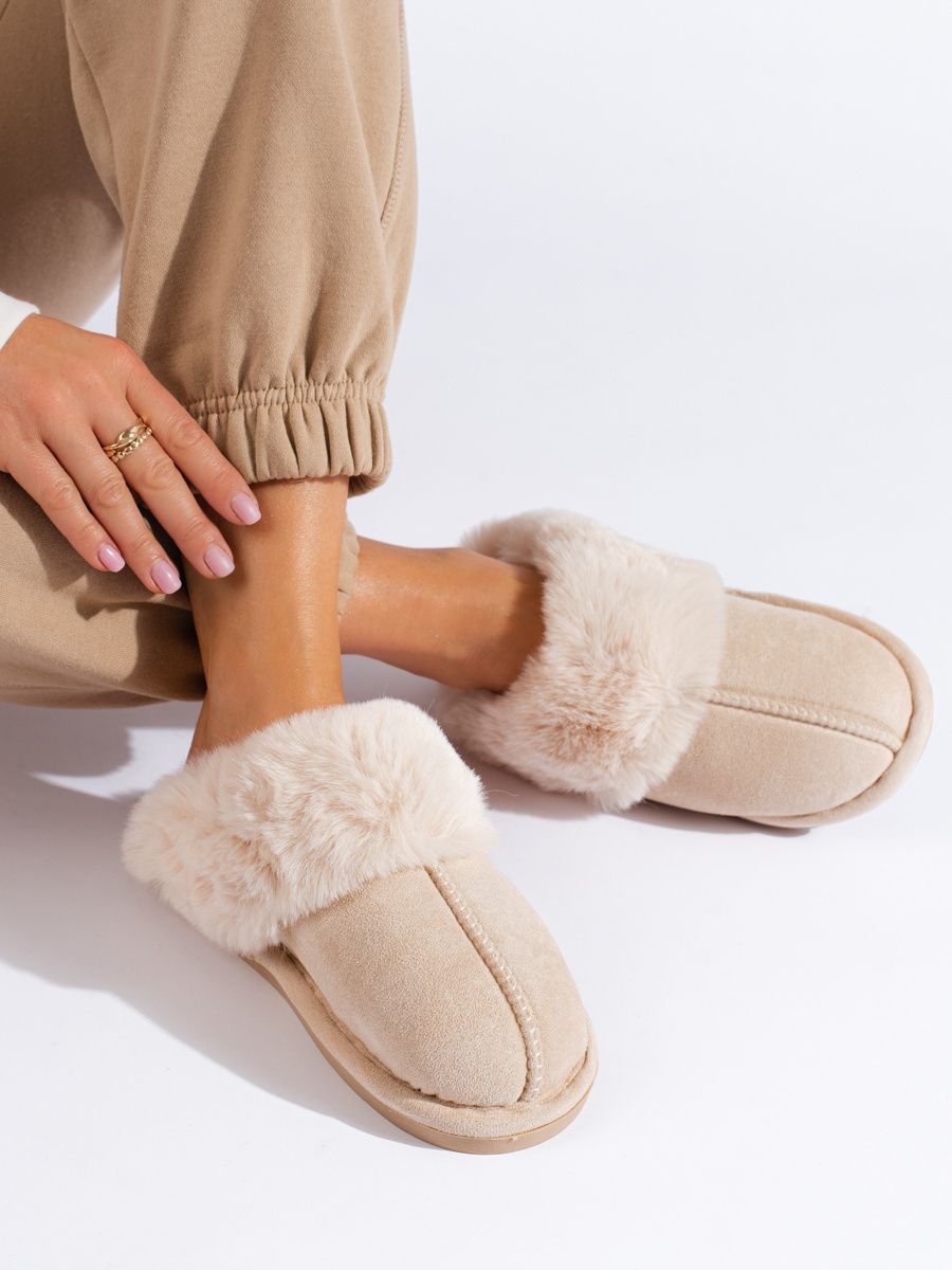 Pantofole da donna panna con pelliccia artificiale