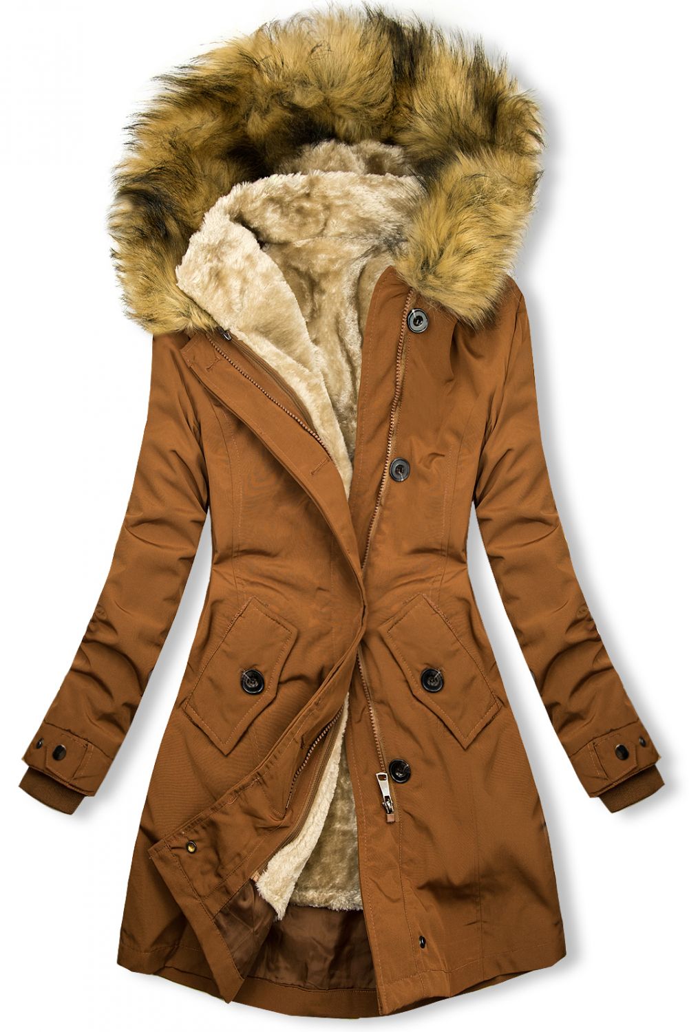 Parka marrone cammello per autunno/inverno con fodera rimovibile