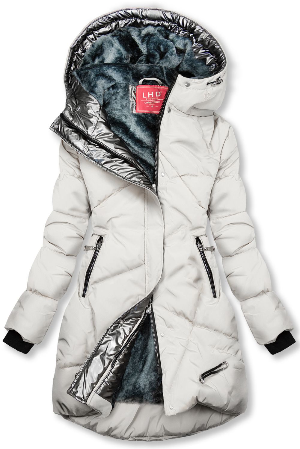 Giacca invernale ecru con rifiniture argentate