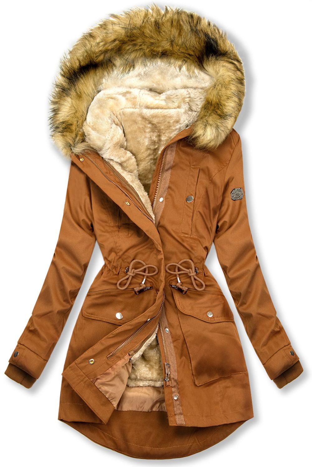 Parka marrone con fodera rimovibile e pelliccia