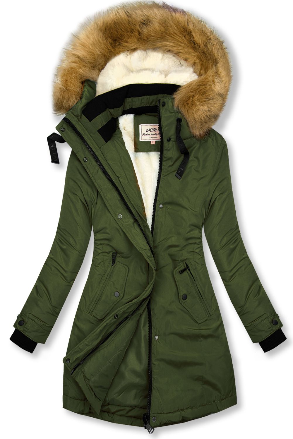 Giacca invernale allungata verde oliva con pelliccia beige
