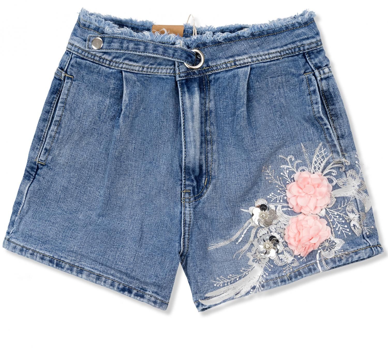 Pantaloncini corti in denim con ricami floreali