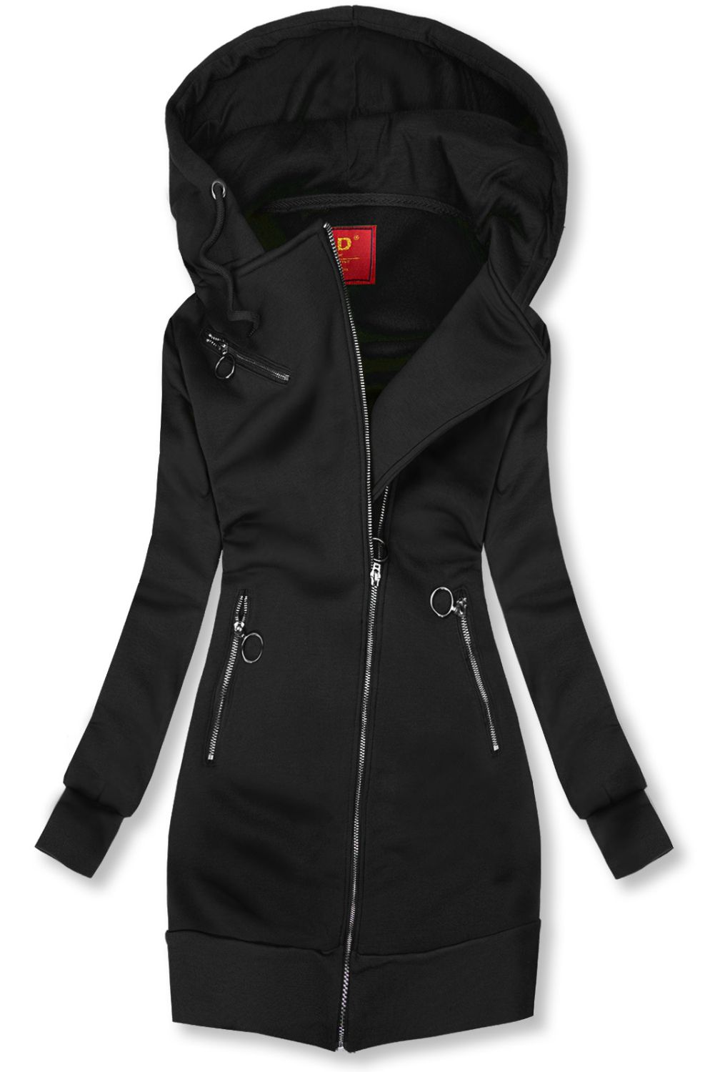 Felpa lunga nera con cerniera asimmetrica