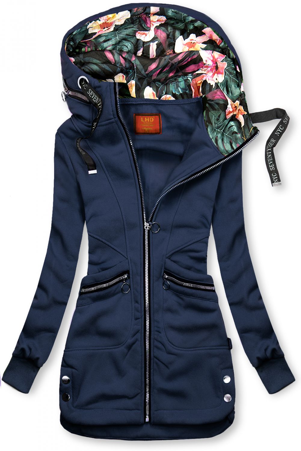 Felpa blu scuro estesa con cappuccio