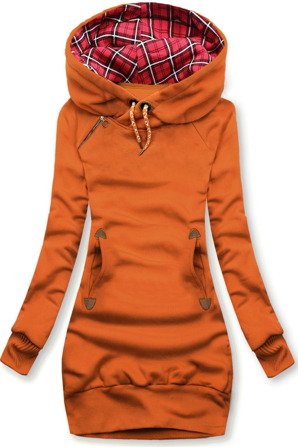 Felpa lunga terracotta con cappuccio a quadri