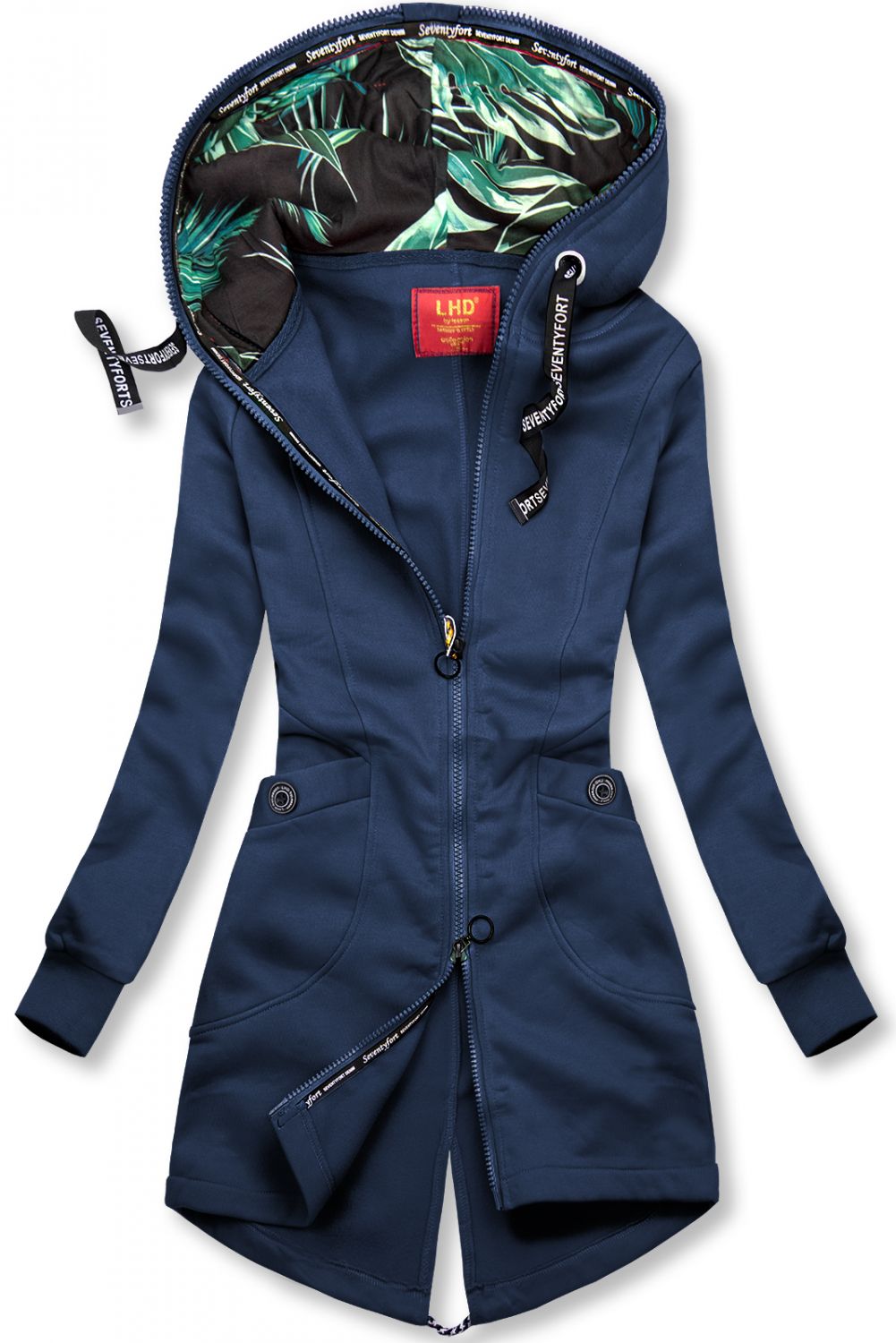 Felpa blu scuro con cappuccio fantasia
